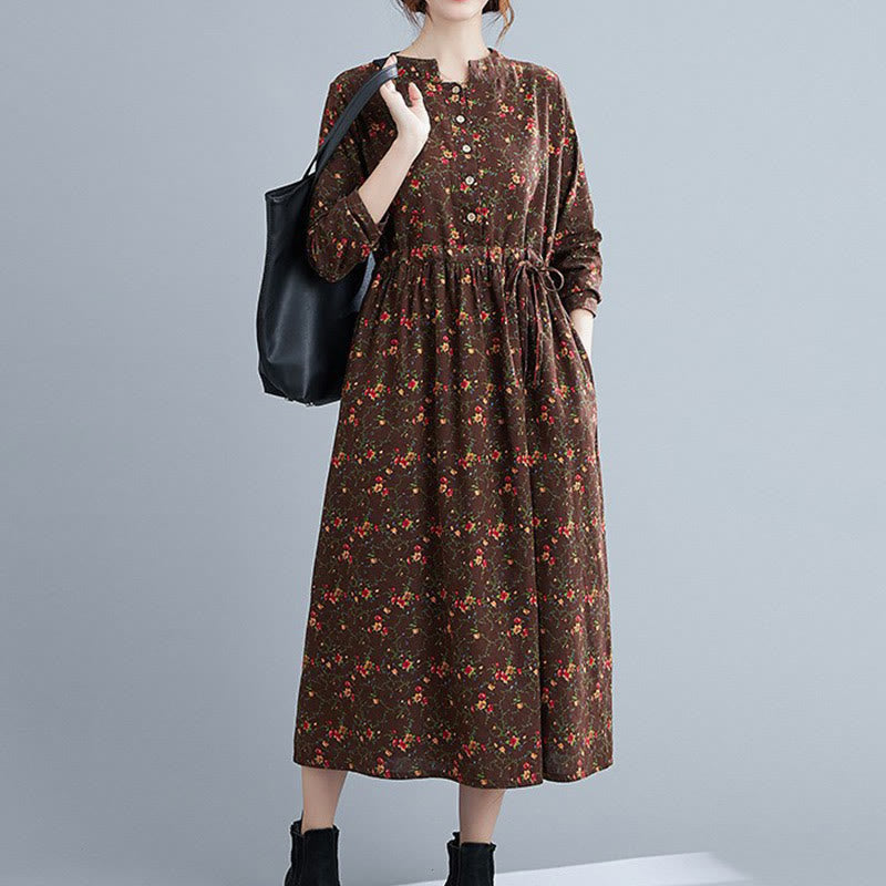 Vestido midi de algodón con mangas largas y bolsillos para mujer, diseño floral y cordón ajustable de Buddha Stones Commute - SaddleBrown - US12, UK/AU16, EU44 (3XL) - image 0