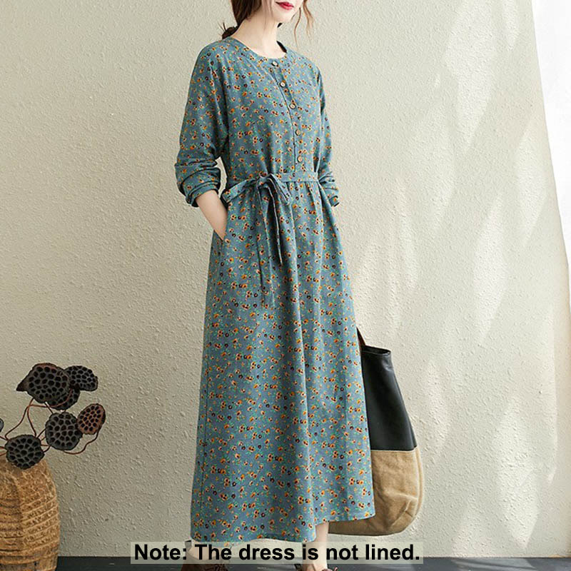 Vestido midi de algodón con mangas largas y bolsillos para mujer, diseño floral y cordón ajustable de Buddha Stones Commute - image 9