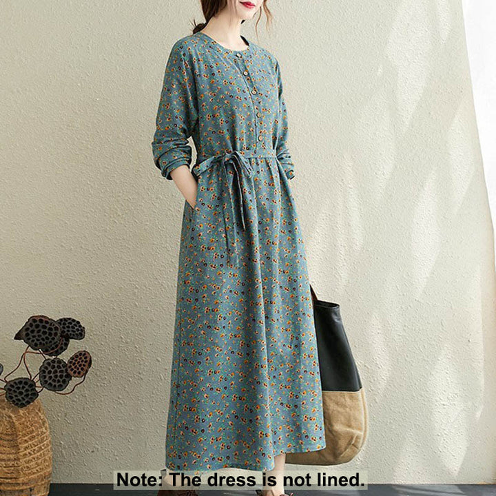 Vestido midi de algodón con mangas largas y bolsillos para mujer, diseño floral y cordón ajustable de Buddha Stones Commute - image 9