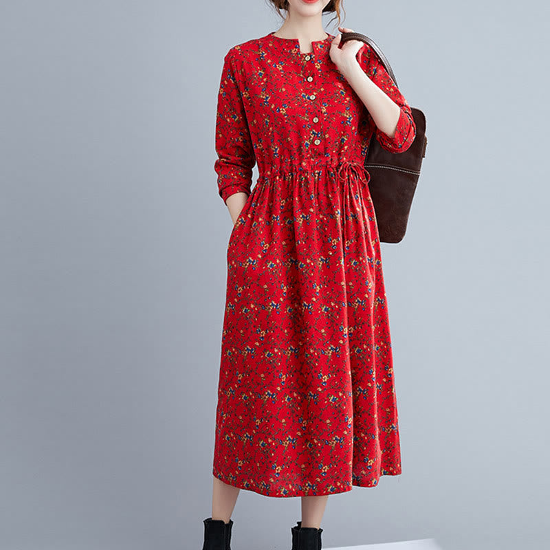 Vestido midi de algodón con mangas largas y bolsillos para mujer, diseño floral y cordón ajustable de Buddha Stones Commute - image 19
