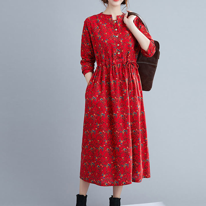Vestido midi de algodón con mangas largas y bolsillos para mujer, diseño floral y cordón ajustable de Buddha Stones Commute - image 19