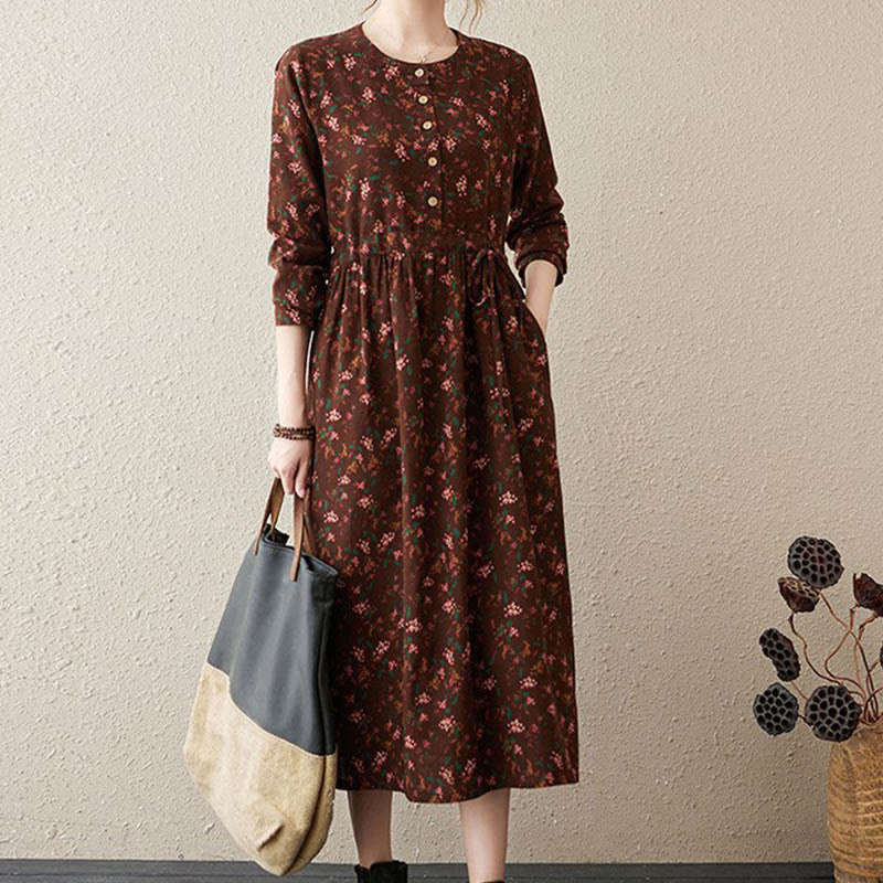 Vestido midi de algodón con mangas largas y bolsillos para mujer, diseño floral y cordón ajustable de Buddha Stones Commute - Marrón - US12, UK/AU16, EU44 (3XL) - image 31
