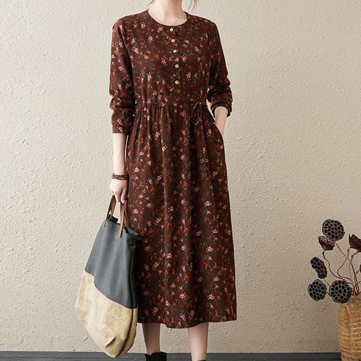 Vestido midi de algodón con mangas largas y bolsillos para mujer, diseño floral y cordón ajustable de Buddha Stones Commute - Marrón - US12, UK/AU16, EU44 (3XL) - image 31