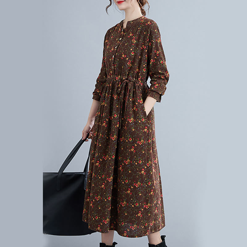 Vestido midi de algodón con mangas largas y bolsillos para mujer, diseño floral y cordón ajustable de Buddha Stones Commute - image 2