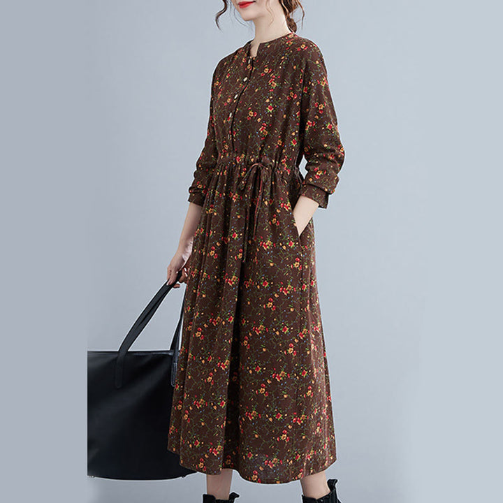 Vestido midi de algodón con mangas largas y bolsillos para mujer, diseño floral y cordón ajustable de Buddha Stones Commute - image 2