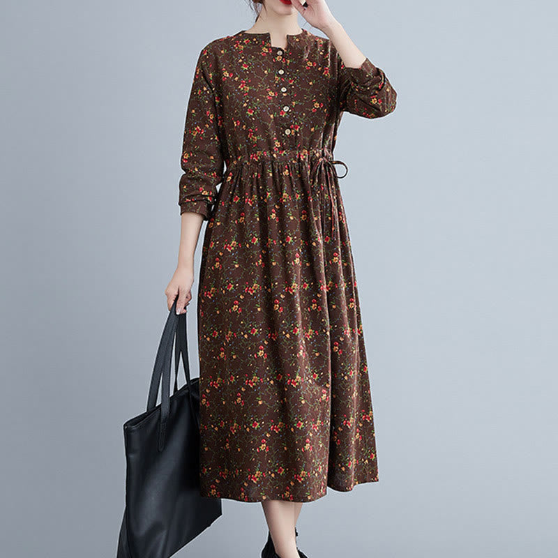 Vestido midi de algodón con mangas largas y bolsillos para mujer, diseño floral y cordón ajustable de Buddha Stones Commute - image 3