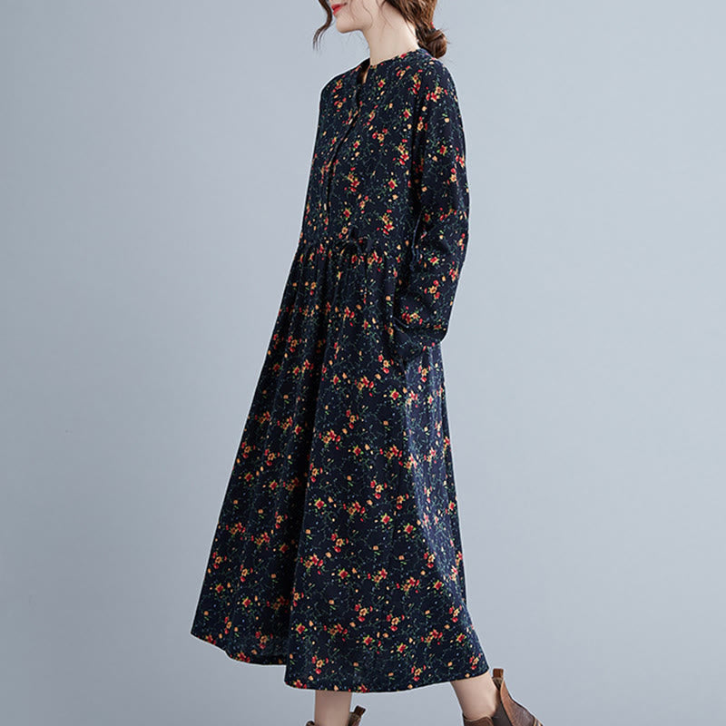Vestido midi de algodón con mangas largas y bolsillos para mujer, diseño floral y cordón ajustable de Buddha Stones Commute - image 16