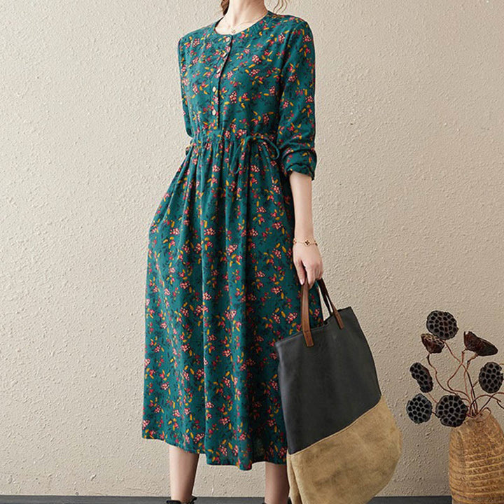 Vestido midi de algodón con mangas largas y bolsillos para mujer, diseño floral y cordón ajustable de Buddha Stones Commute - Verde bosque - US12, UK/AU16, EU44 (3XL) - image 29
