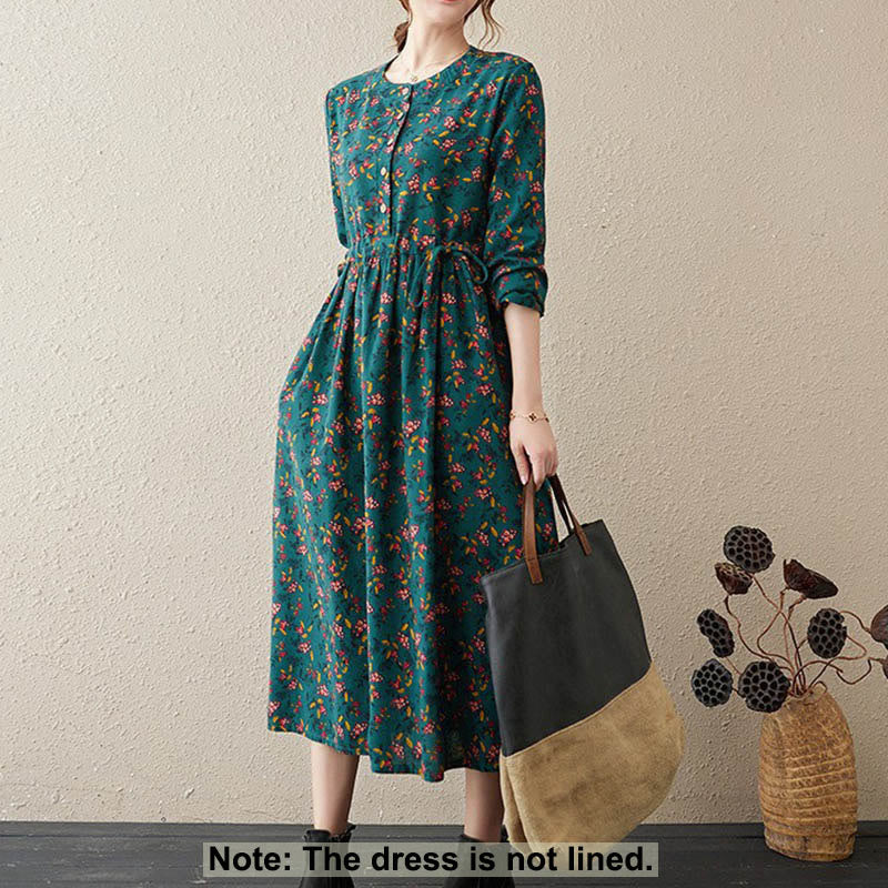 Vestido midi de algodón con mangas largas y bolsillos para mujer, diseño floral y cordón ajustable de Buddha Stones Commute - image 30