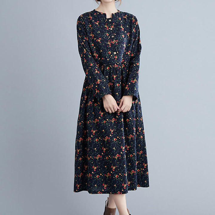 Vestido midi de algodón con mangas largas y bolsillos para mujer, diseño floral y cordón ajustable de Buddha Stones Commute - image 15