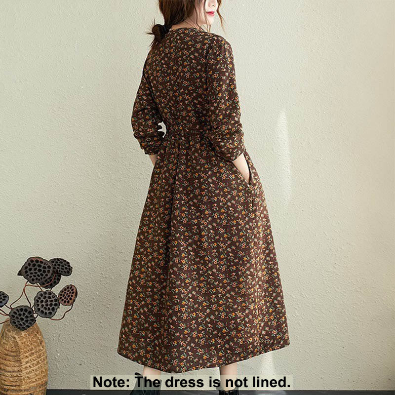 Vestido midi de algodón con mangas largas y bolsillos para mujer, diseño floral y cordón ajustable de Buddha Stones Commute - image 11