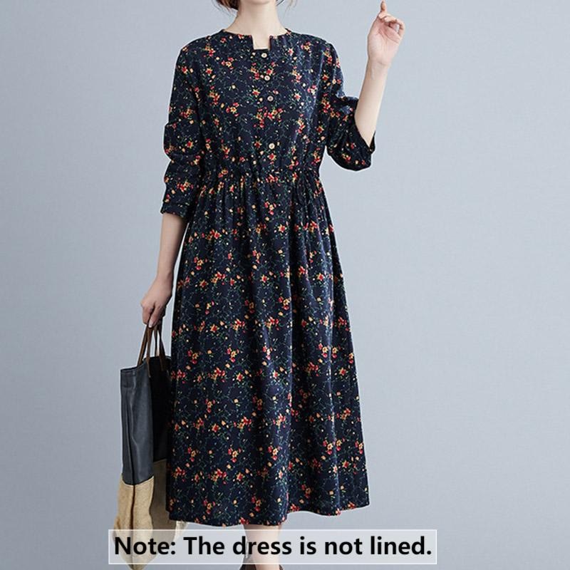 Vestido midi de algodón con mangas largas y bolsillos para mujer, diseño floral y cordón ajustable de Buddha Stones Commute - image 13