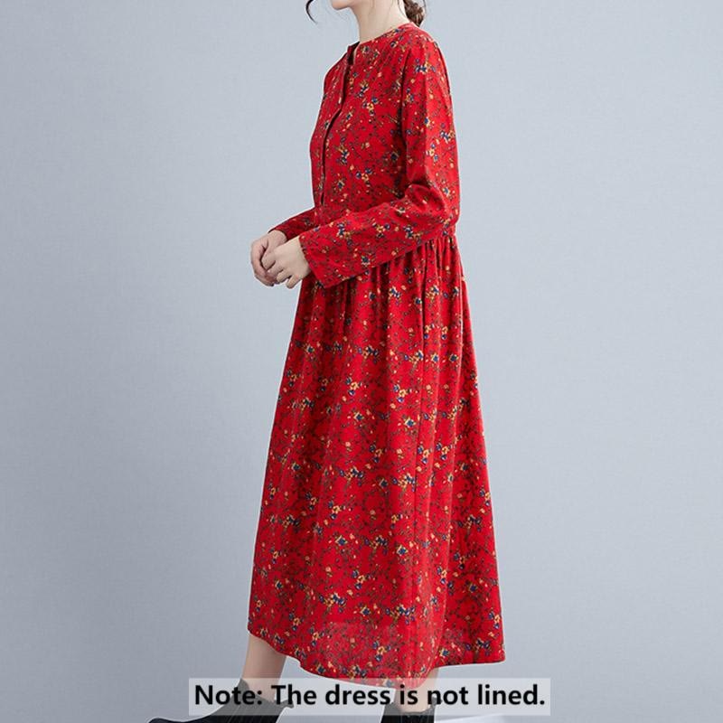 Vestido midi de algodón con mangas largas y bolsillos para mujer, diseño floral y cordón ajustable de Buddha Stones Commute - image 18
