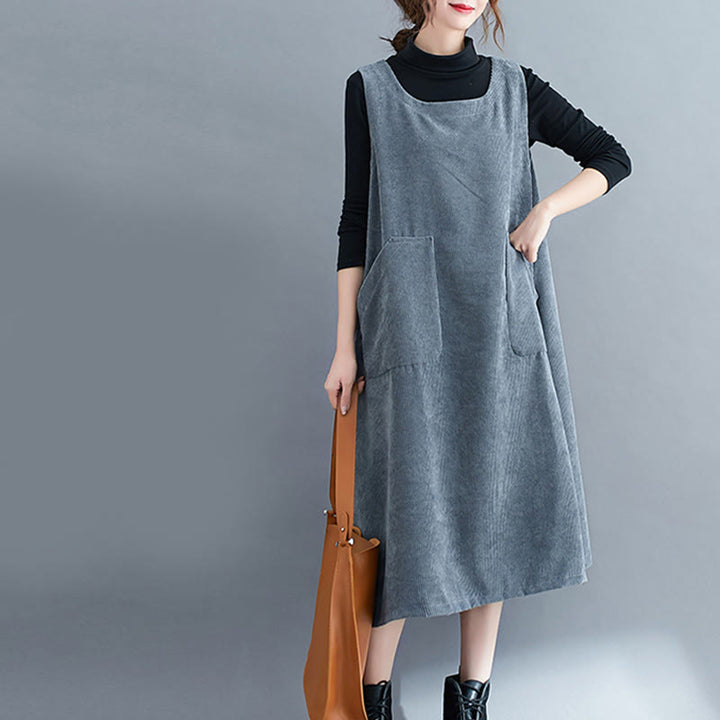Vestido midi de pana de algodón sin mangas con cuello redondo y bolsillos para mujer de Buddha Stones Commute - image 27