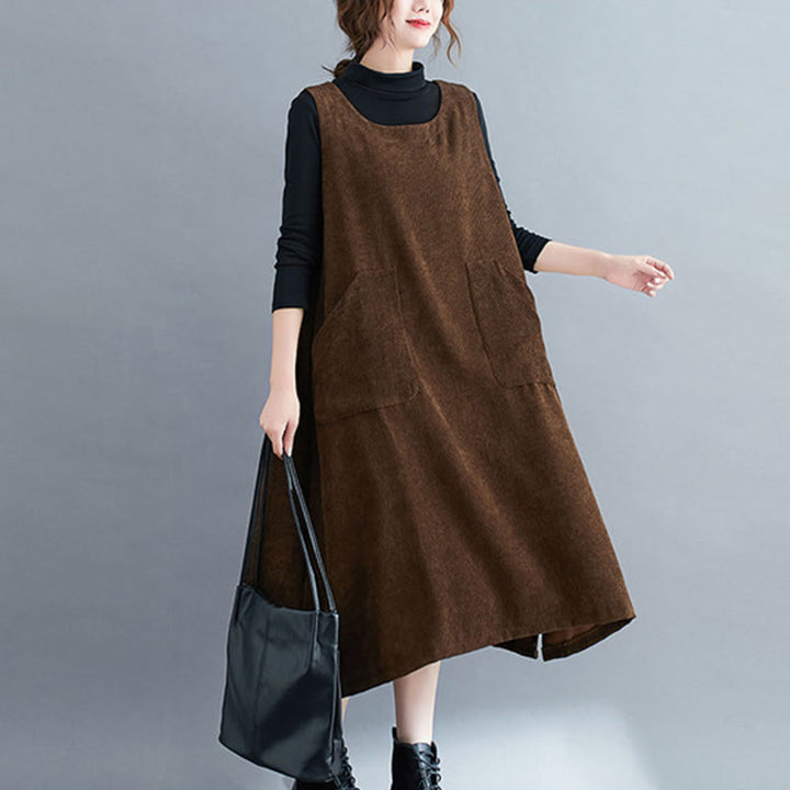 Vestido midi de pana de algodón sin mangas con cuello redondo y bolsillos para mujer de Buddha Stones Commute - SaddleBrown - US12, UK/AU16, EU44 (2XL) - image 0