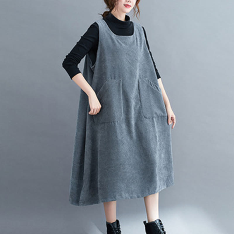 Vestido midi de pana de algodón sin mangas con cuello redondo y bolsillos para mujer de Buddha Stones Commute - Azul acero - US12, UK/AU16, EU44 (2XL) - image 22