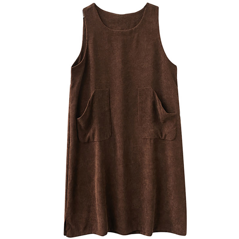 Vestido midi de pana de algodón sin mangas con cuello redondo y bolsillos para mujer de Buddha Stones Commute - image 14
