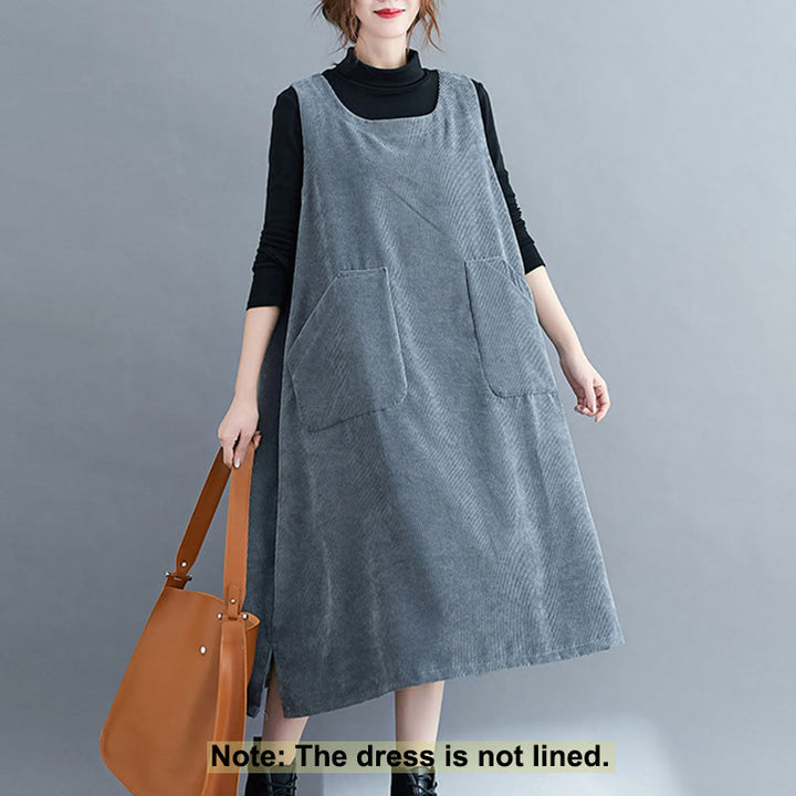 Vestido midi de pana de algodón sin mangas con cuello redondo y bolsillos para mujer de Buddha Stones Commute - image 23