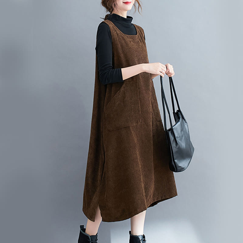 Vestido midi de pana de algodón sin mangas con cuello redondo y bolsillos para mujer de Buddha Stones Commute - image 2
