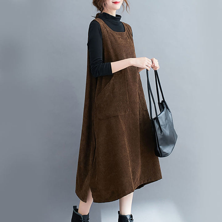 Vestido midi de pana de algodón sin mangas con cuello redondo y bolsillos para mujer de Buddha Stones Commute - image 2