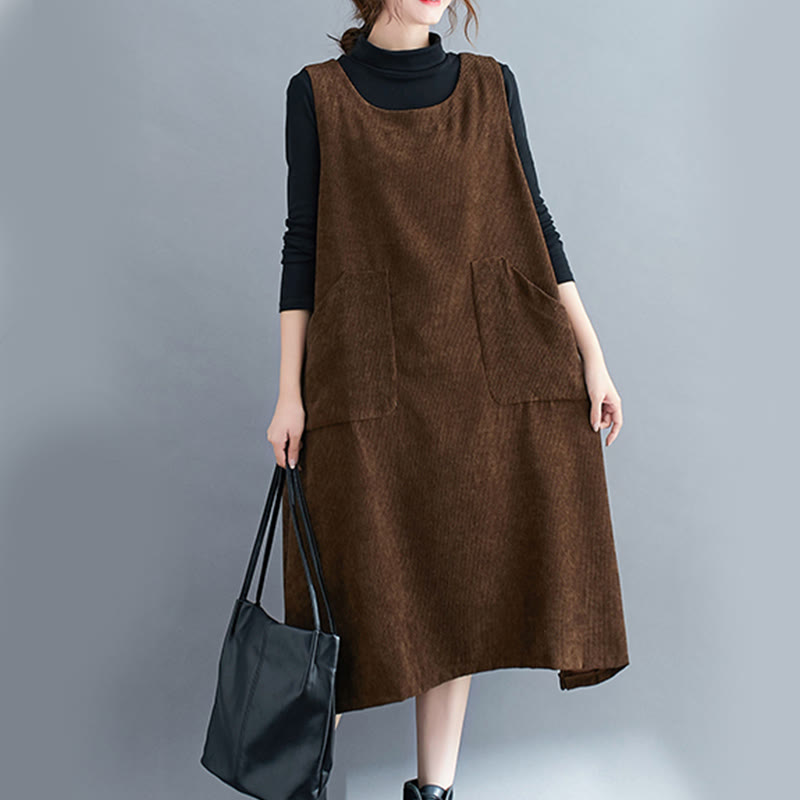 Vestido midi de pana de algodón sin mangas con cuello redondo y bolsillos para mujer de Buddha Stones Commute - image 3