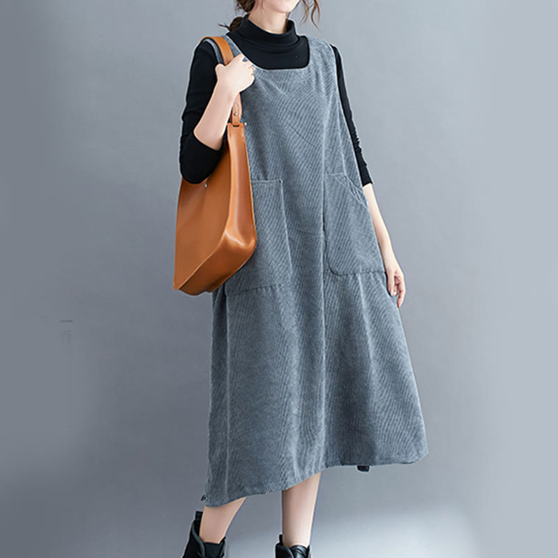 Vestido midi de pana de algodón sin mangas con cuello redondo y bolsillos para mujer de Buddha Stones Commute - image 29