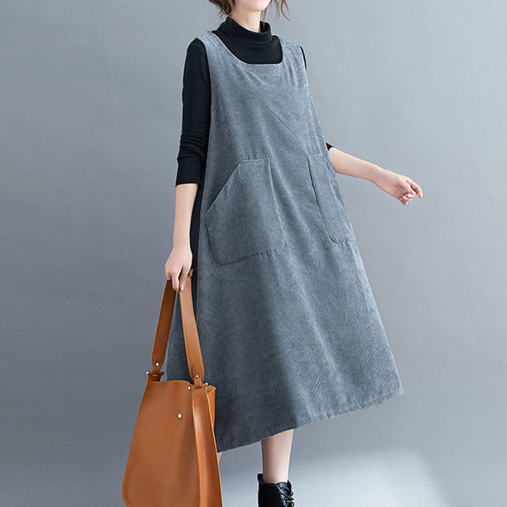 Vestido midi de pana de algodón sin mangas con cuello redondo y bolsillos para mujer de Buddha Stones Commute - image 28