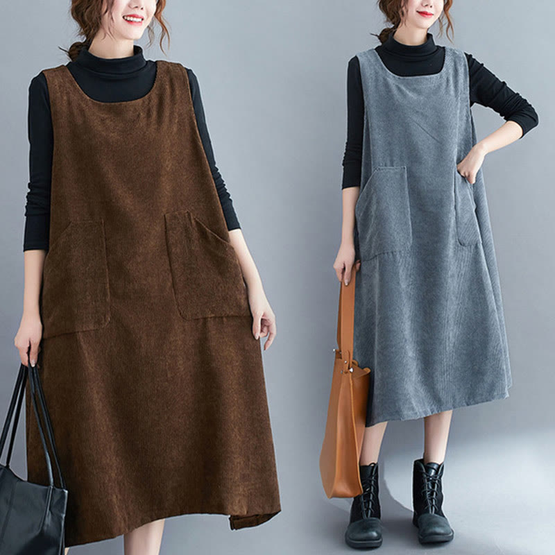 Vestido midi de pana de algodón sin mangas con cuello redondo y bolsillos para mujer de Buddha Stones Commute - image 30