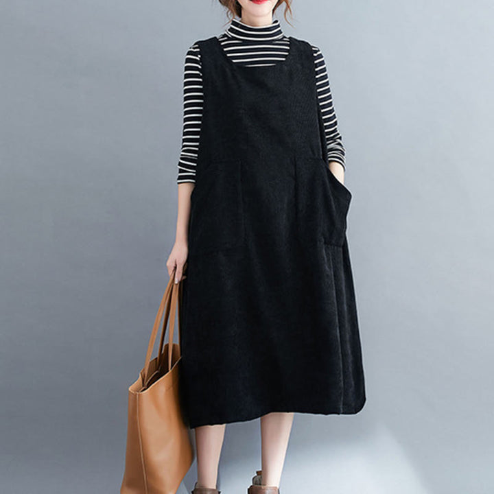 Vestido midi de pana de algodón sin mangas con cuello redondo y bolsillos para mujer de Buddha Stones Commute - Negro - US12, UK/AU16, EU44 (2XL) - image 15