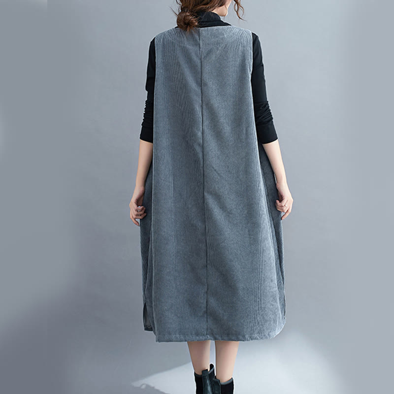 Vestido midi de pana de algodón sin mangas con cuello redondo y bolsillos para mujer de Buddha Stones Commute - image 25