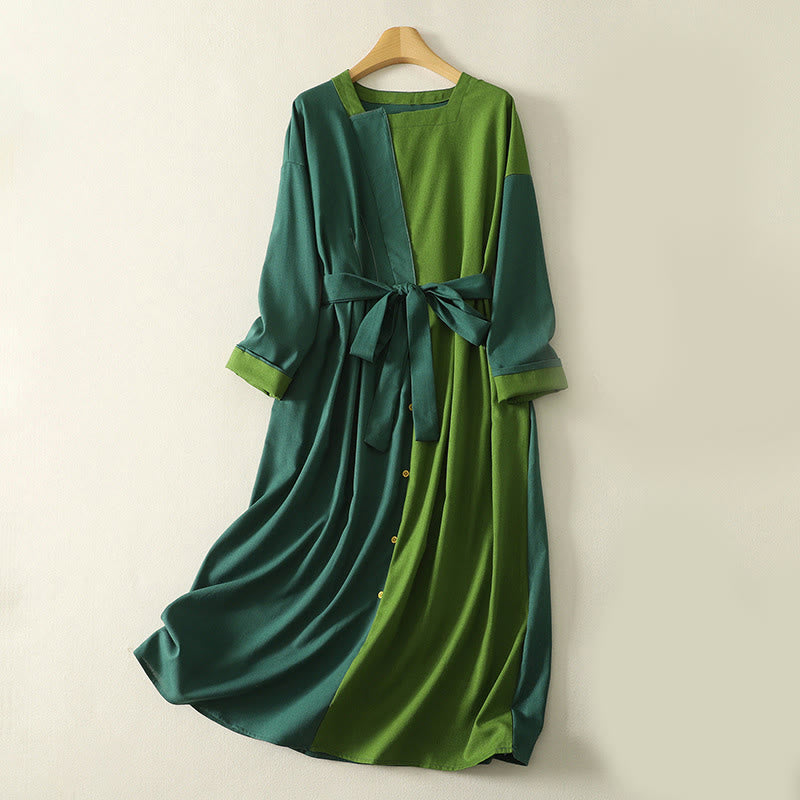 Vestido midi de algodón para mujer, de manga larga y bolsillos, con diseño de bloques de color y parches de Buddha Stones - Verde oscuro - US8-10，UK/AU12-14，EU40-42 (2XL) - image 0