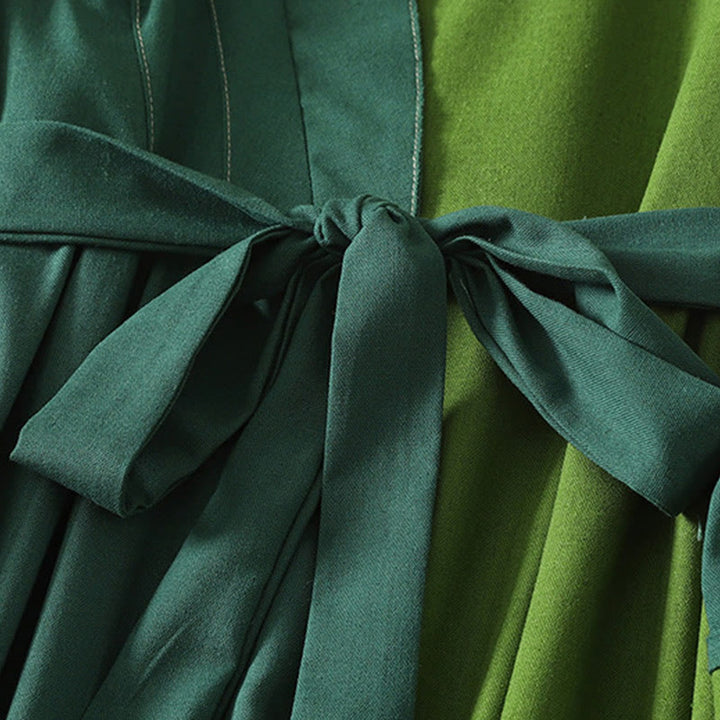 Vestido midi de algodón para mujer, de manga larga y bolsillos, con diseño de bloques de color y parches de Buddha Stones - image 5