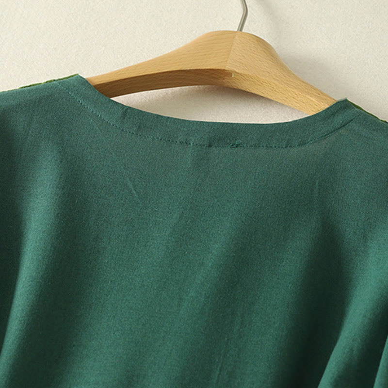 Vestido midi de algodón para mujer, de manga larga y bolsillos, con diseño de bloques de color y parches de Buddha Stones - image 3