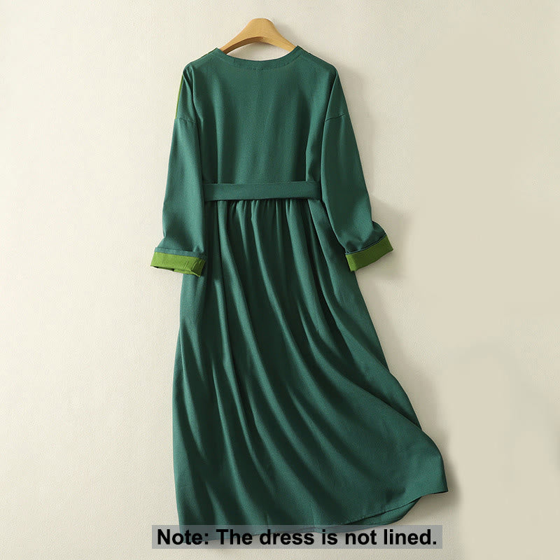 Vestido midi de manga larga para mujer con diseño de bloques de color y parches de Buddha Stones, con bolsillos. - image 1