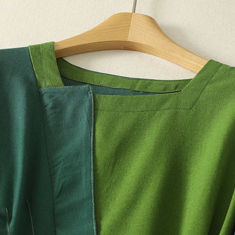 Vestido midi de algodón para mujer, de manga larga y bolsillos, con diseño de bloques de color y parches de Buddha Stones - image 2