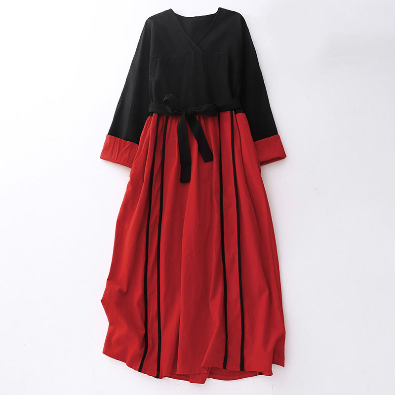 Vestido midi de manga larga con diseño de bloques de color y cordones para mujer con bolsillos y estampado de Buddha Stones - Carmesí - US8-10，UK/AU12-14，EU40-42 (2XL) - image 0