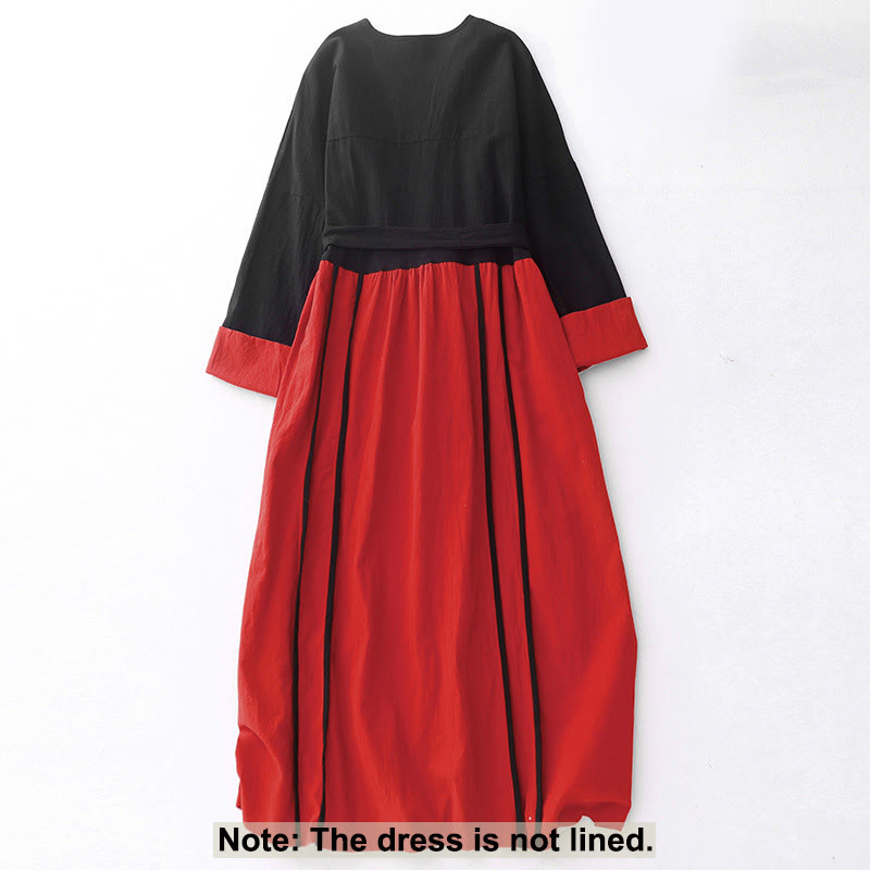 Vestido midi de manga larga con diseño de bloques de color y cordones para mujer con bolsillos y estampado de Buddha Stones - image 1