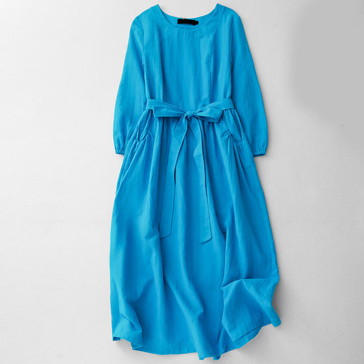 Vestido midi de algodón para mujer con diseño de Buddha Stones , manga larga, cordones y bolsillos - Azul cielo profundo - US8-10，UK/AU12-14，EU40-42 (2XL) - image 0