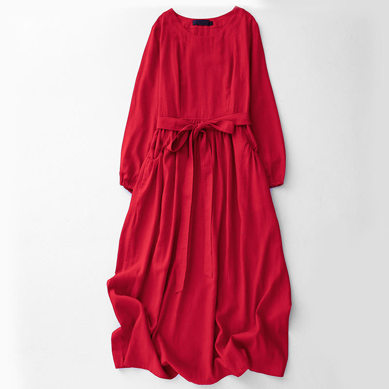 Vestido midi de algodón para mujer con diseño de Buddha Stones , manga larga, cordones y bolsillos - Rojo - US8-10，UK/AU12-14，EU40-42 (2XL) - image 11