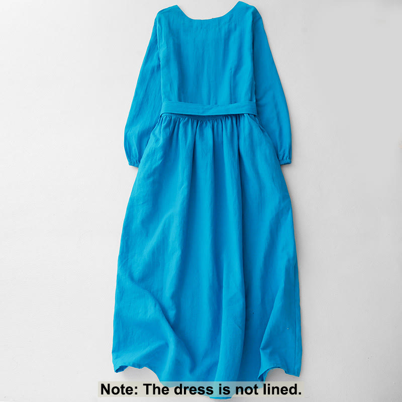 Vestido midi de algodón para mujer con diseño de Buddha Stones , manga larga, cordones y bolsillos - image 1