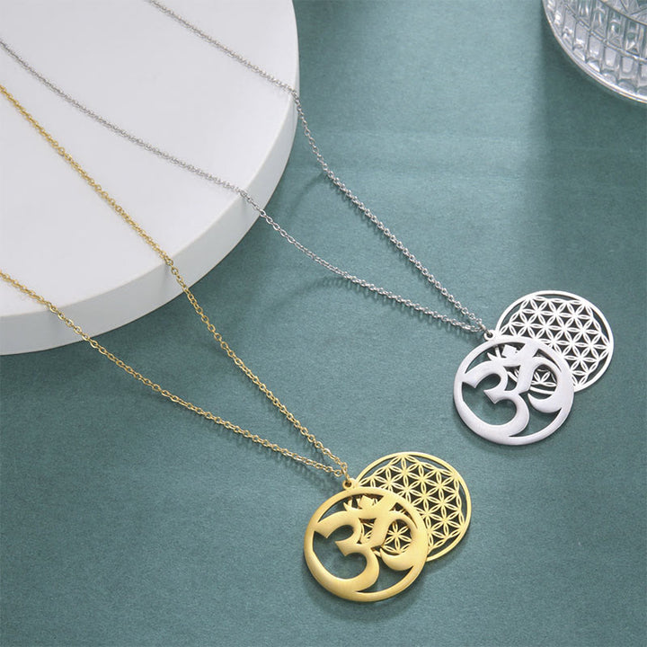 Buddha Stones Collar con colgante de acero inoxidable con diseño de flor hueca y símbolo Om - image 15
