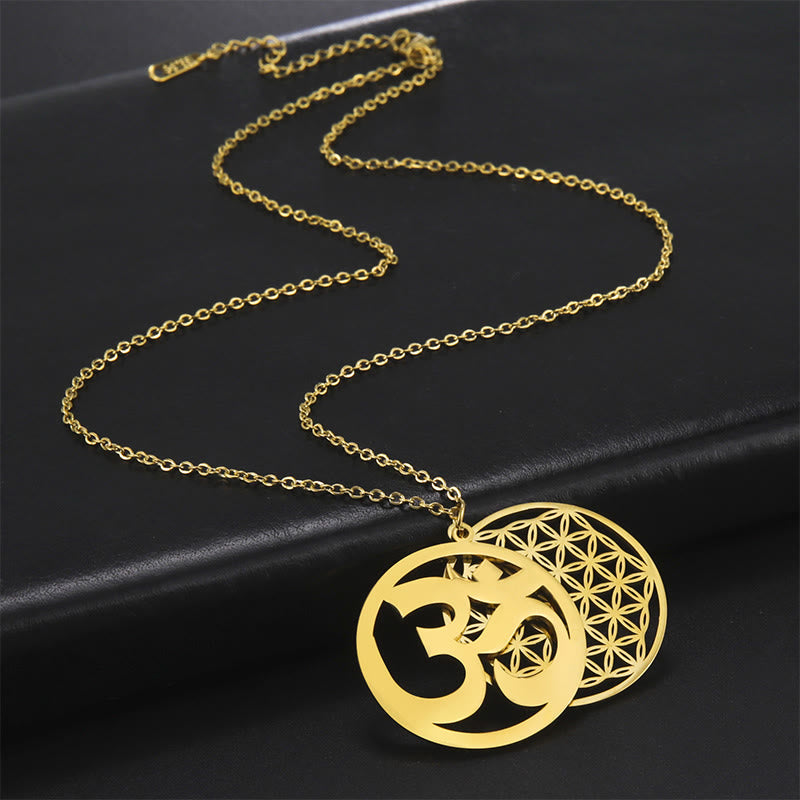 Buddha Stones Collar con colgante de acero inoxidable con diseño de flor hueca y símbolo Om - image 10