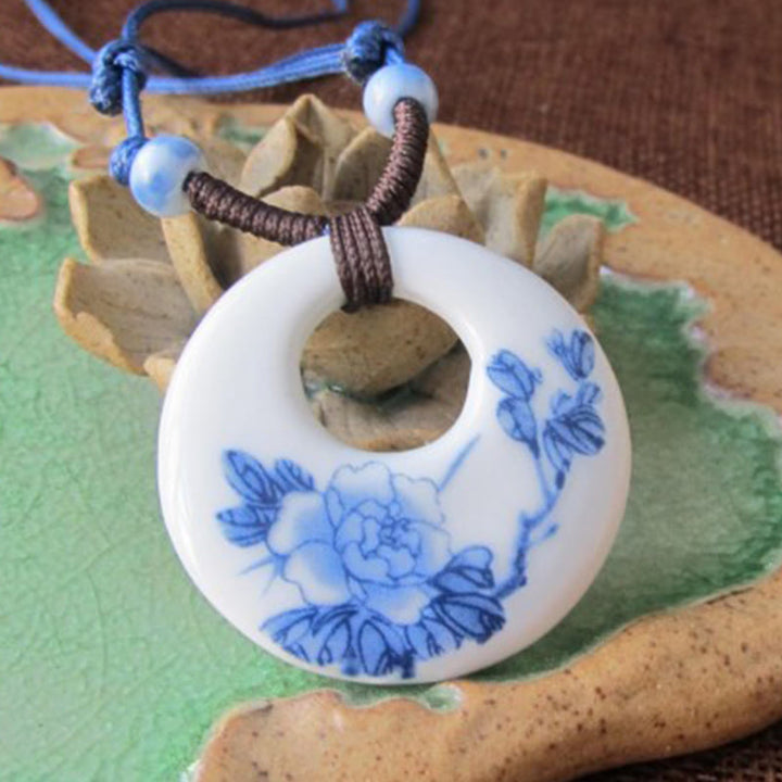 Collar de cerámica con símbolo de loto, peonía étnica, flores de melocotón y piedras de Buddha Stones, colgante de iluminación. - image 1