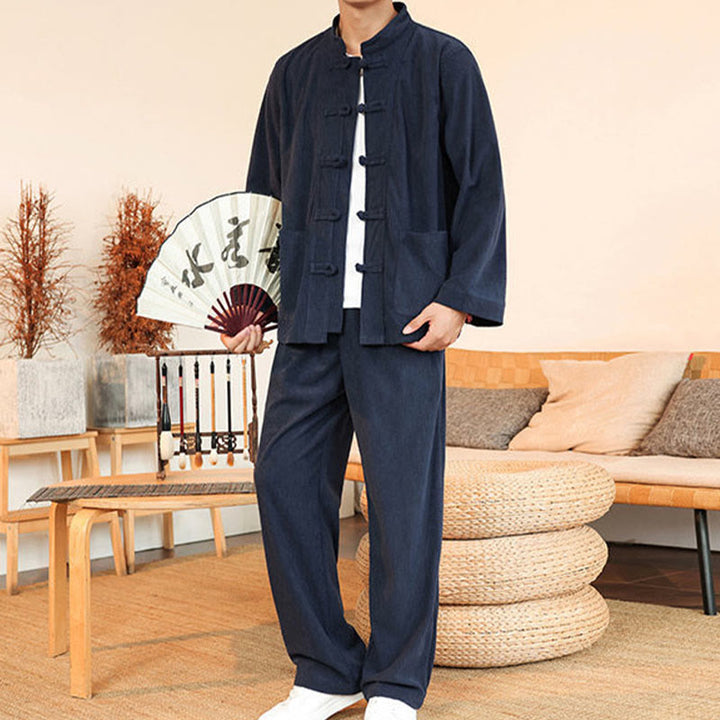 Conjunto de 2 piezas de camisa y pantalón de pana de algodón con botones de rana para hombre, de Buddha Stones, con bolsillos - image 34