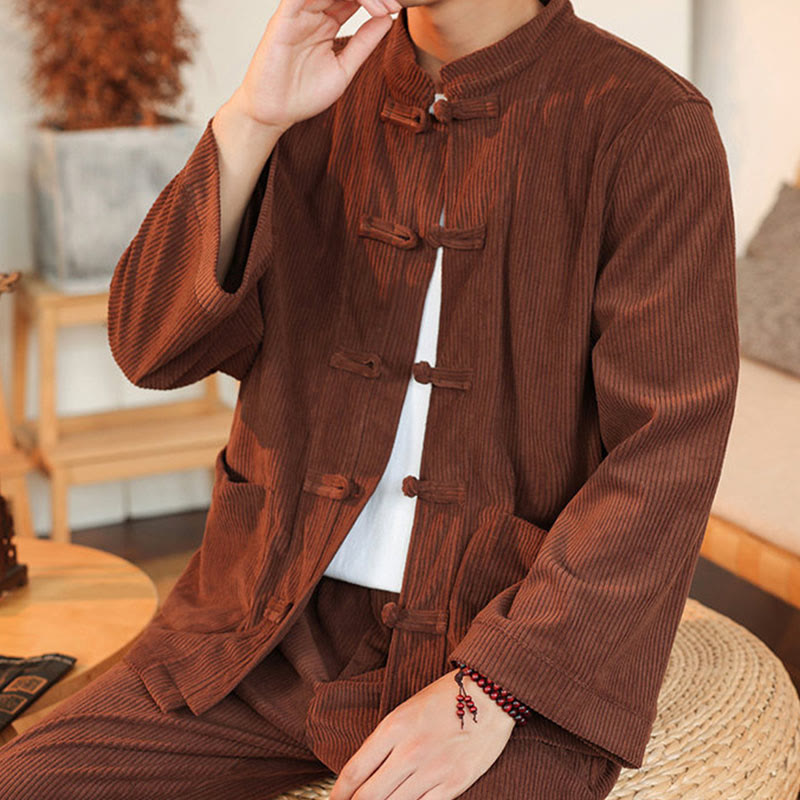Conjunto de 2 piezas de camisa y pantalón de pana de algodón con botones de rana para hombre, de Buddha Stones, con bolsillos - image 8