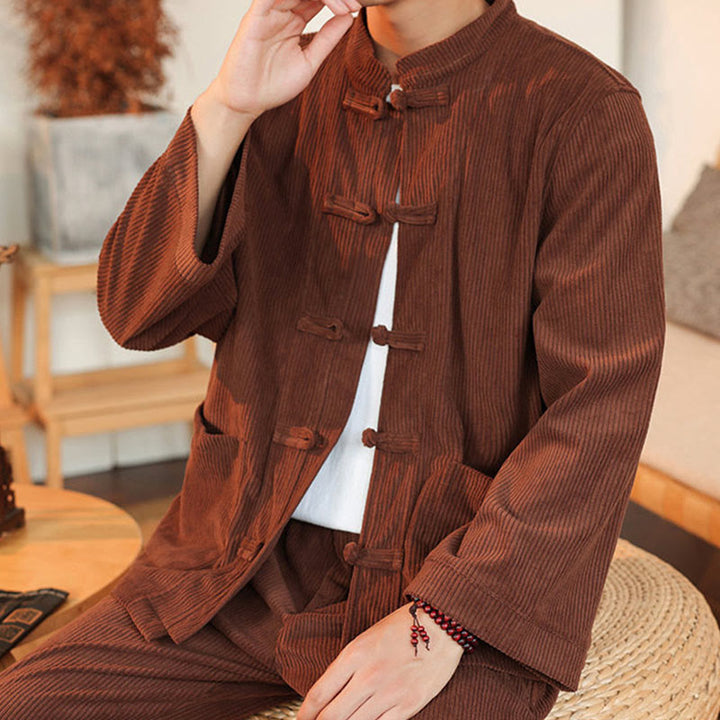 Conjunto de 2 piezas de camisa y pantalón de pana de algodón con botones de rana para hombre, de Buddha Stones, con bolsillos - image 8