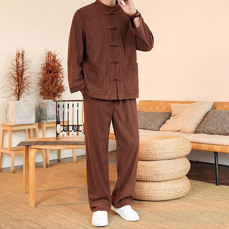 Conjunto de 2 piezas de camisa y pantalón de pana de algodón con botones de rana para hombre, de Buddha Stones, con bolsillos - image 4