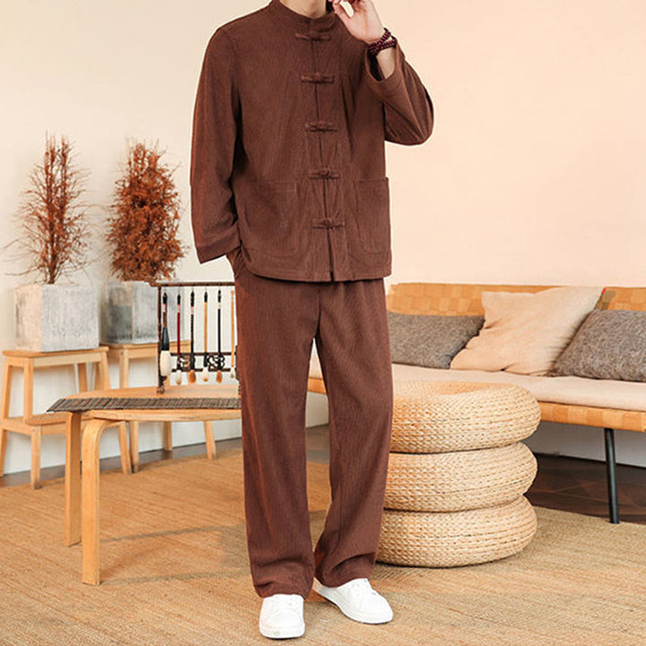 Conjunto de 2 piezas de camisa y pantalón de pana de algodón con botones de rana para hombre, de Buddha Stones, con bolsillos - image 4
