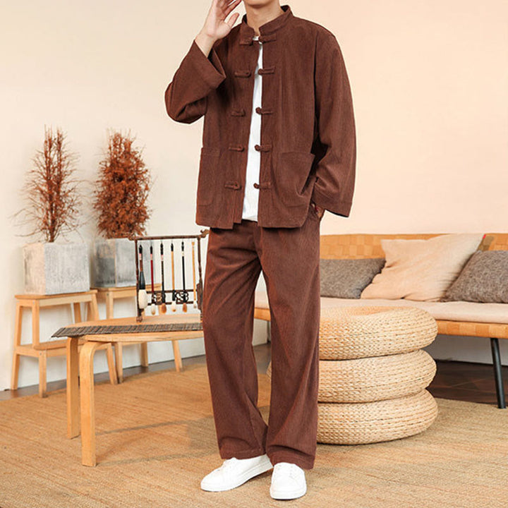 Conjunto de 2 piezas de camisa y pantalón de pana de algodón con botones de rana para hombre, de Buddha Stones, con bolsillos - image 2