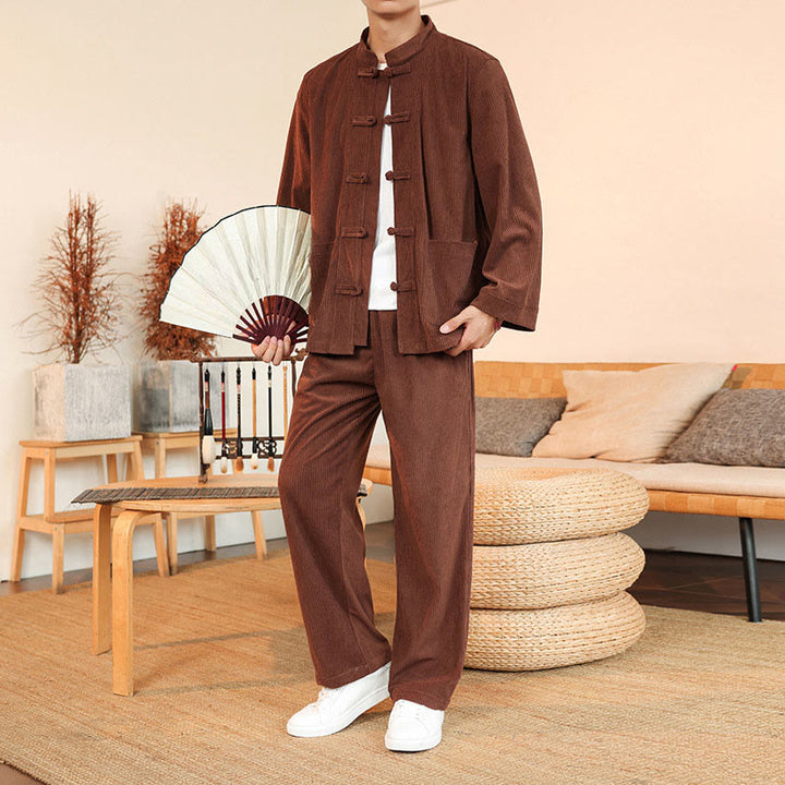 Conjunto de 2 piezas de camisa y pantalón de pana de algodón con botones de rana para hombre, de Buddha Stones, con bolsillos - image 6